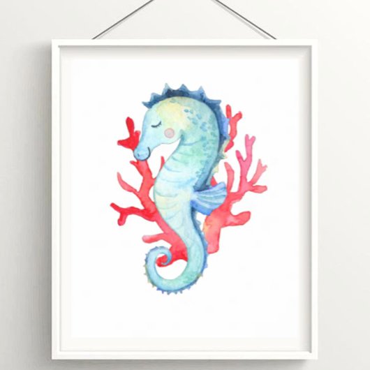 Waterverf Nautische oceaan zeepaardje en koraal Poster