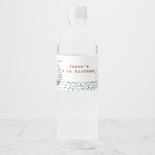 Waterverf nautische rode en blauwe kinderen verjaa waterfles etiket (Voorkant)