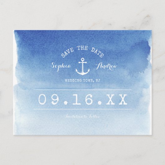 Waterverf nautische strandbruiloft met uitzonderin aankondigingskaart (Voorkant)