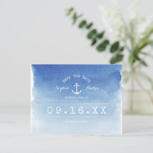 Waterverf nautische strandbruiloft met uitzonderin aankondigingskaart (Staand voorkant)