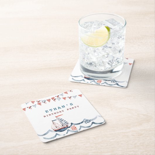 Waterverf Nautische Verjaardagspartij Monogram Kartonnen Onderzetters (Insitu)