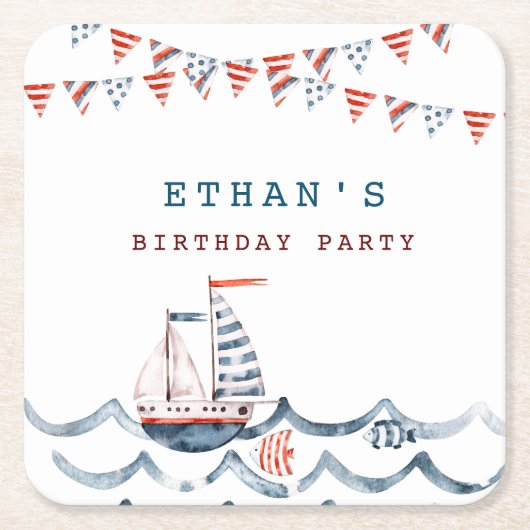 Waterverf Nautische Verjaardagspartij Monogram Kartonnen Onderzetters (Voorkant)