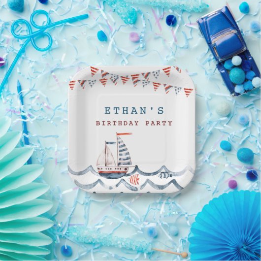 Waterverf Nautische Verjaardagspartij Monogram Papieren Bordje (Feest)