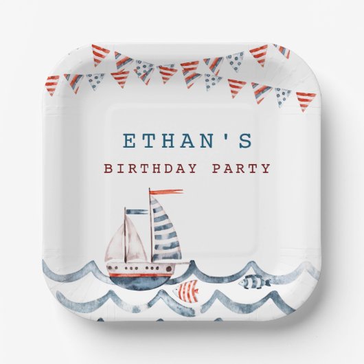 Waterverf Nautische Verjaardagspartij Monogram Papieren Bordje (Voorkant)