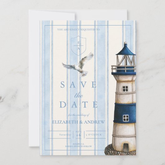 Waterverf nautische vuurtoren bruiloft save the date (Voorkant)