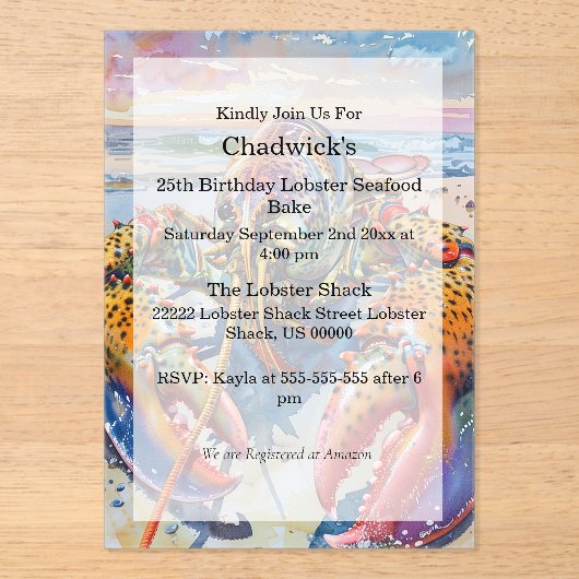 Waterverf nautische zeekreeft verjaardag acryl uitnodigingen (Voorkant)