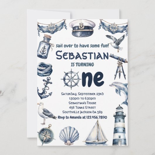 Waterverf nautische zeeman jongens 1e verjaardag kaart (Voorkant)