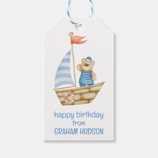 Waterverf nautische zeilboot Beer Cadeaulabel (Voorkant)