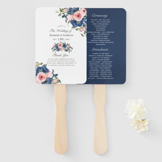 Waterverf Navy and Blush Floral Wedding Programme Handwaaier (Voorkant en achterkant)