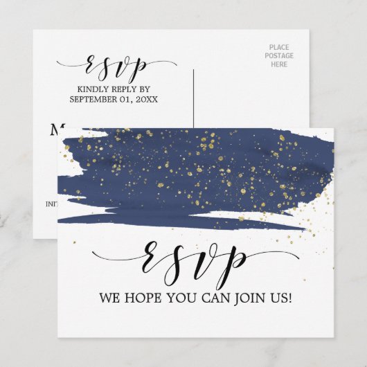 Waterverf Navy and Gold Menu Keuze RSVP-Briefkaart (Voorkant / Achterkant)