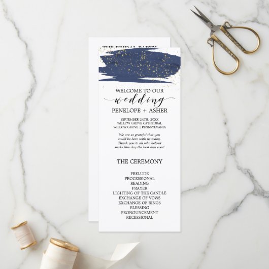 Waterverf Navy and Gold Sparkle Wedding Program Programmakaart (Voorkant / Achterkant in situ)