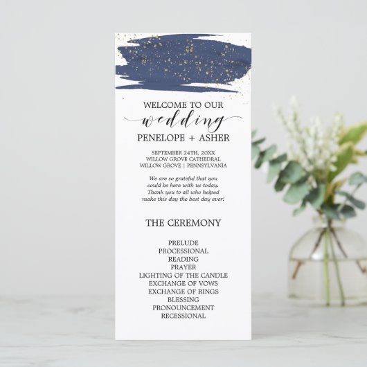 Waterverf Navy and Gold Sparkle Wedding Program Programmakaart (Staand voorkant)