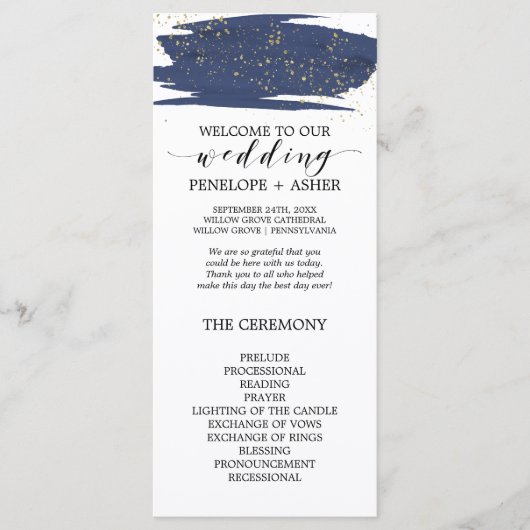 Waterverf Navy and Gold Sparkle Wedding Program Programmakaart (Voorkant)