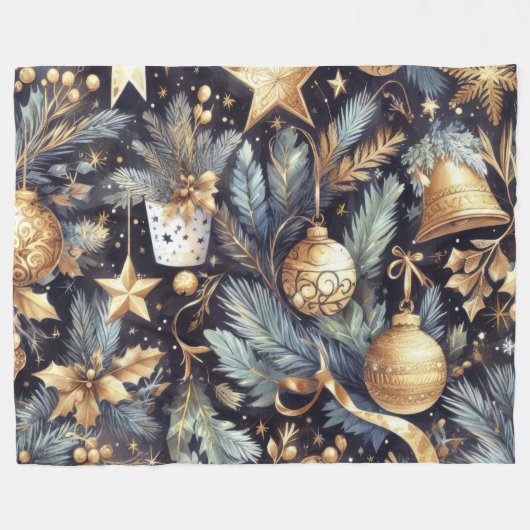 Waterverf Navy Blauw Goud Kerstmis Motieven Vakant Fleece Deken (Voorkant (Horizontaal))