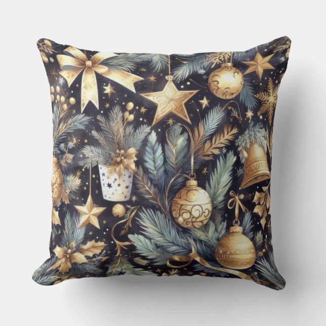 Waterverf Navy Blauw Goud Kerstmis Motieven Vakant Kussen (Voorkant)