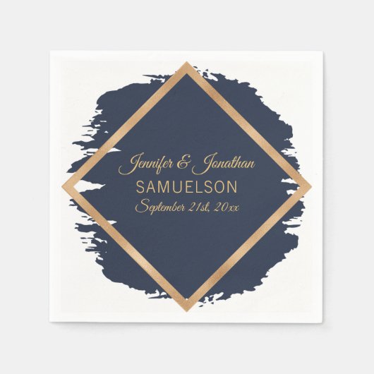 Waterverf Navy Blauw Goud Lijst bruiloft Servet (Voorkant)