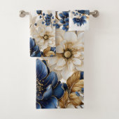 Waterverf Navy Blauw Wit Gouden Bloemen Zilver Bad Handdoek (Insitu)