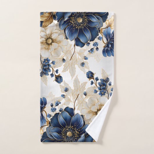 Waterverf Navy Blauw Wit Gouden Bloemen Zilver Bad Handdoek (Handdoek)