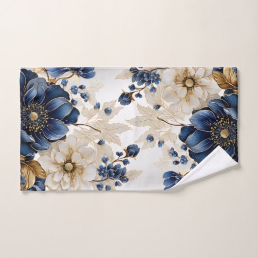 Waterverf Navy Blauw Wit Gouden Bloemen Zilver Bad Handdoek (Handdoek)