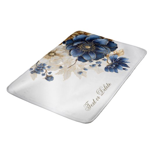 Waterverf Navy Blauw Wit Gouden Bloemen Zilver Badmat (Gekanteld)