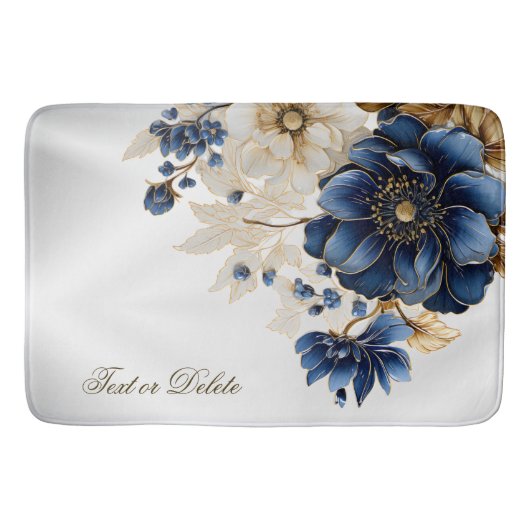 Waterverf Navy Blauw Wit Gouden Bloemen Zilver Badmat (Voorkant)