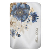 Waterverf Navy Blauw Wit Gouden Bloemen Zilver Badmat (Voorkant Verticaal)