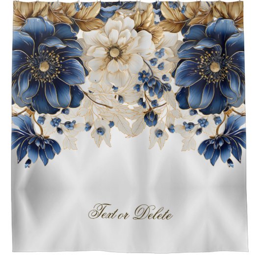 Waterverf Navy Blauw Wit Gouden Bloemen Zilver Douchegordijn (Voorkant)