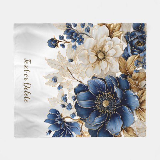 Waterverf Navy Blauw Wit Gouden Bloemen Zilver Fleece Deken (Voorkant (Horizontaal))