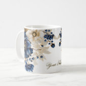 Waterverf Navy Blauw Wit Gouden Bloemen Zilver Koffiemok (Voorkant links)