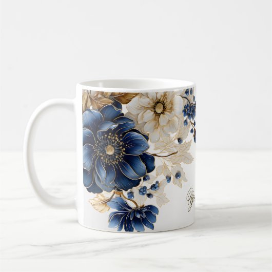 Waterverf Navy Blauw Wit Gouden Bloemen Zilver Koffiemok (Links)