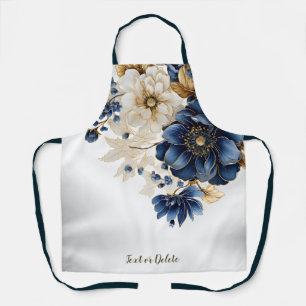 Waterverf Navy Blauw Wit Gouden Bloemen Zilver Schort