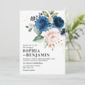 Waterverf Navy Blauwe Blos Roos Bloemachtige Trouw Kaart (Staand voorkant)