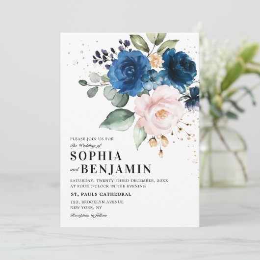 Waterverf Navy Blauwe Blos Roos Bloemachtige Trouw Kaart (Staand voorkant)