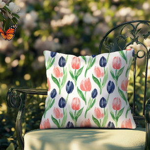 Waterverf Navy Blauwe Roze Blush Tulpen Bloem Kussen