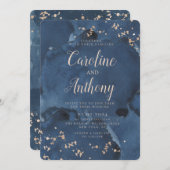 Waterverf Navy Blauwe Sterren Roze Gouden Trouw  Kaart (Voorkant / Achterkant)