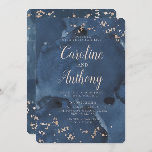 Waterverf Navy Blauwe Sterren Roze Gouden Trouw  Kaart (Voorkant / Achterkant)