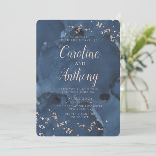 Waterverf Navy Blauwe Sterren Roze Gouden Trouw  Kaart (Staand voorkant)