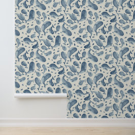 Waterverf Navy Blauwe Walvis Paisley met Crème Behang