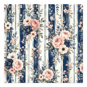 Waterverf Navy Bloem Streep Kunst Foto Afdruk