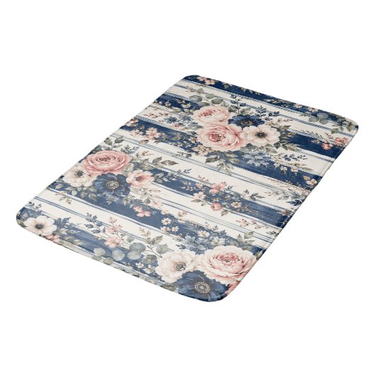 Waterverf Navy Bloem Streep Patroon Ontwerp Badmat (Gekanteld)
