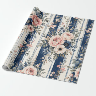 Waterverf Navy Bloem Streep Patroon Ontwerp Cadeaupapier