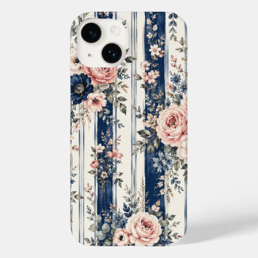 Waterverf Navy Bloem Streep Patroon Ontwerp Case-Mate iPhone Case (Achterkant)