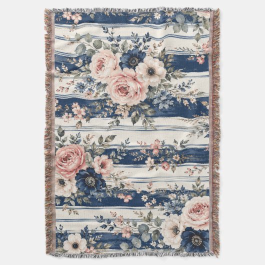 Waterverf Navy Bloem Streep Patroon Ontwerp Deken (Voorkant Verticaal)