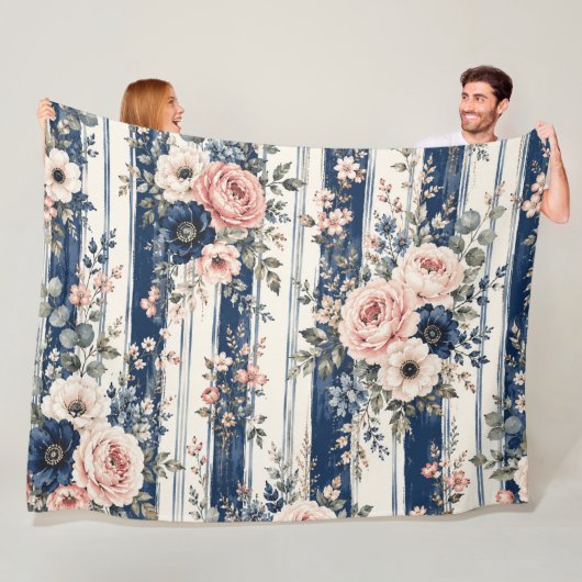 Waterverf Navy Bloem Streep Patroon Ontwerp Fleece Deken (In situ)