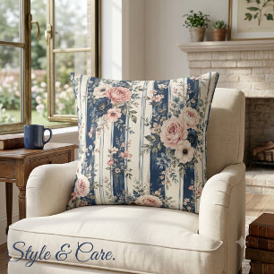 Waterverf Navy Bloem Streep Patroon Ontwerp Kussen