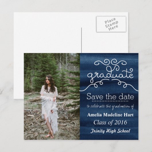 Waterverf Navy Blue Afstuderen de datumfoto op te  Aankondigingskaart (Voorkant / Achterkant)
