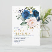 Waterverf Navy Blue Blush Roos Floral Wedding Kaart (Staand voorkant)