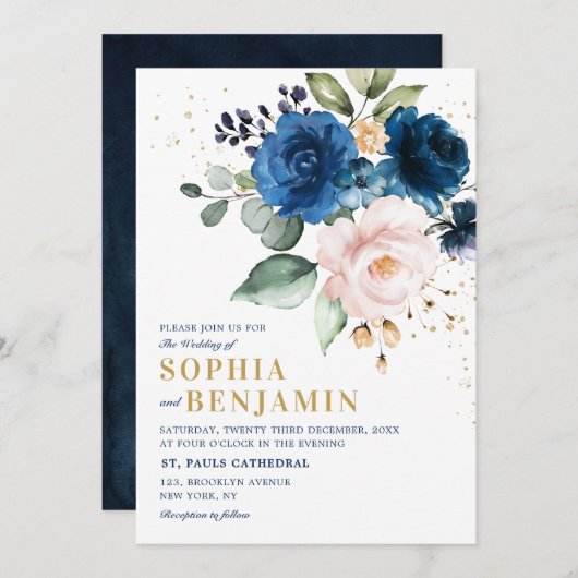 Waterverf Navy Blue Blush Roos Floral Wedding Kaart (Voorkant / Achterkant)