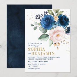 Waterverf Navy Blue Blush Roos Floral Wedding Kaart