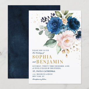 Waterverf Navy Blue Blush Roos Floral Wedding Kaart